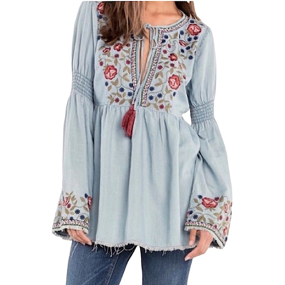 Miss Me Tops - MISS ME: Denim Floral Embroidery Long Sleeve Blouse Size Small